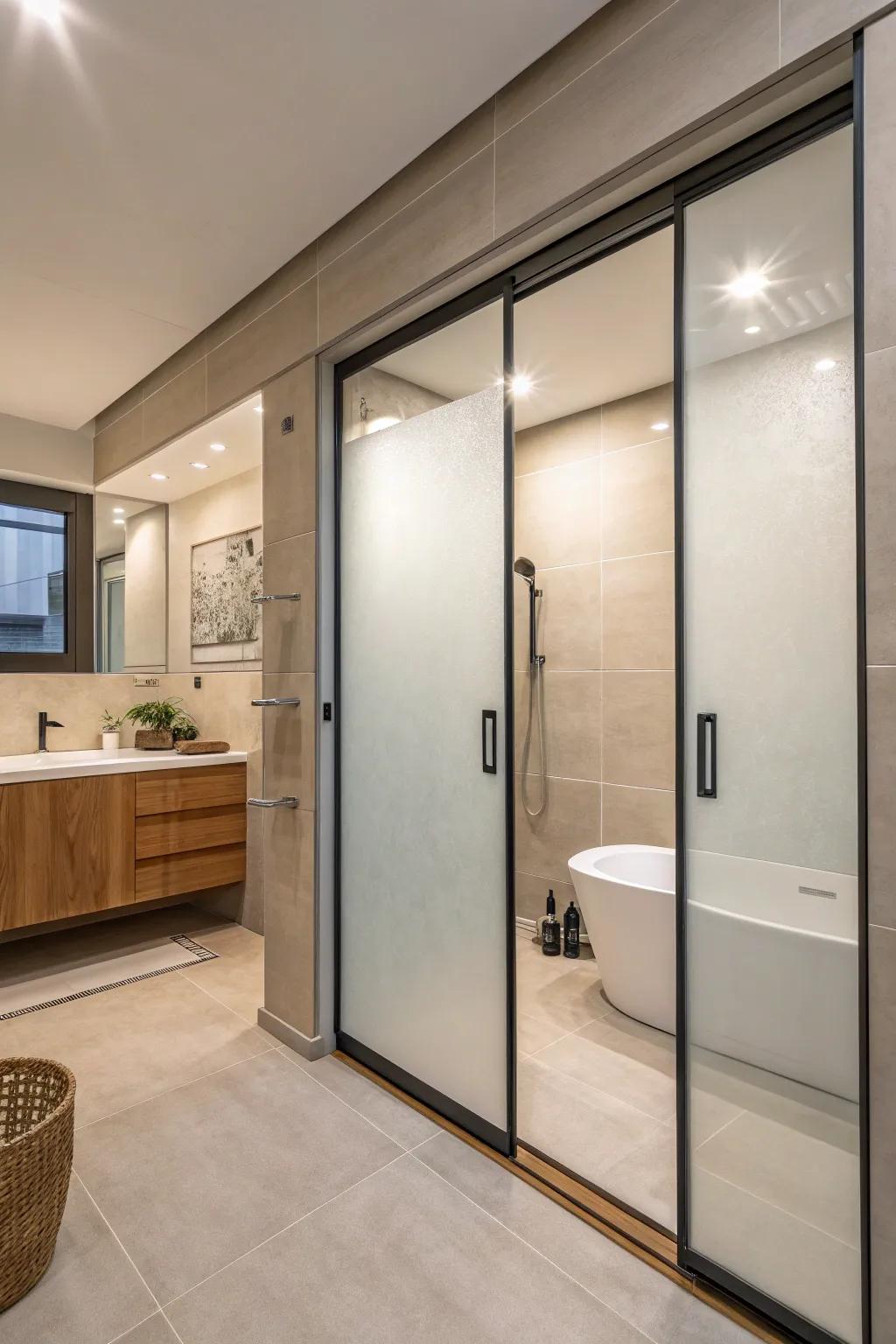 Gliding partition portals furnish a polished and concealed shower resolution.