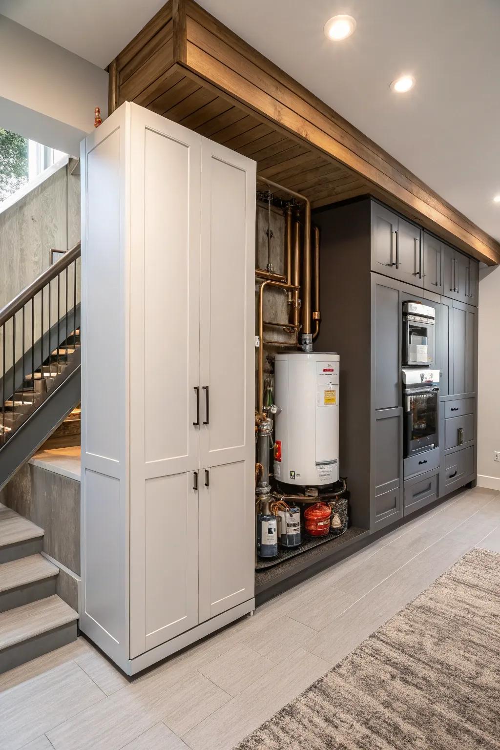 Custom-built cabinetry that perfectly fits around a furnace and water heater.