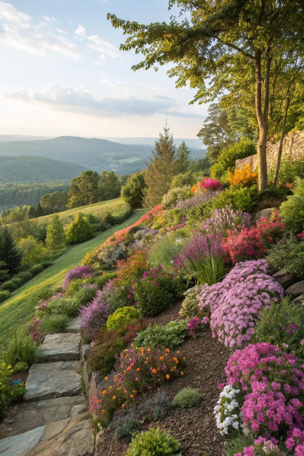 Hillside gardens can be transformed into vibrant displays with a wide variety of colorful plants.