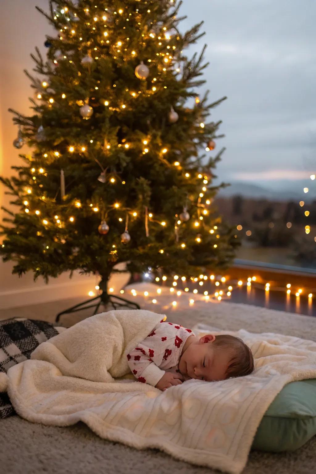The twinkling radiance of the Christmas tree mesmerizes tiny eyes.