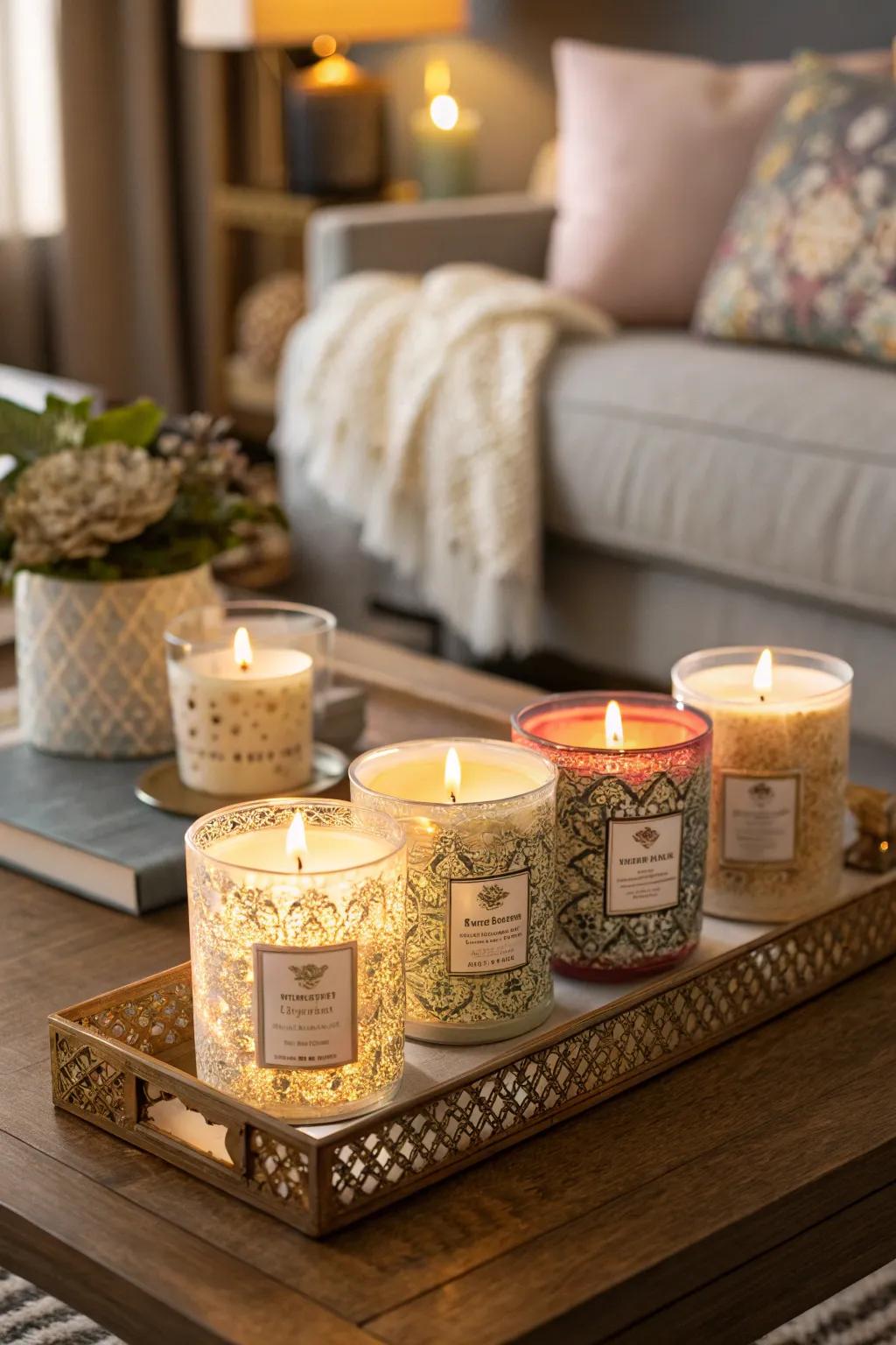A carefully chosen collection of fragrant candles that adds an inviting fragrance to the room.