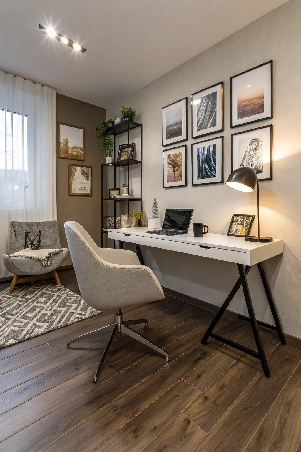 Laminate flooring integrates style and practicality for a contemporary office atmosphere.