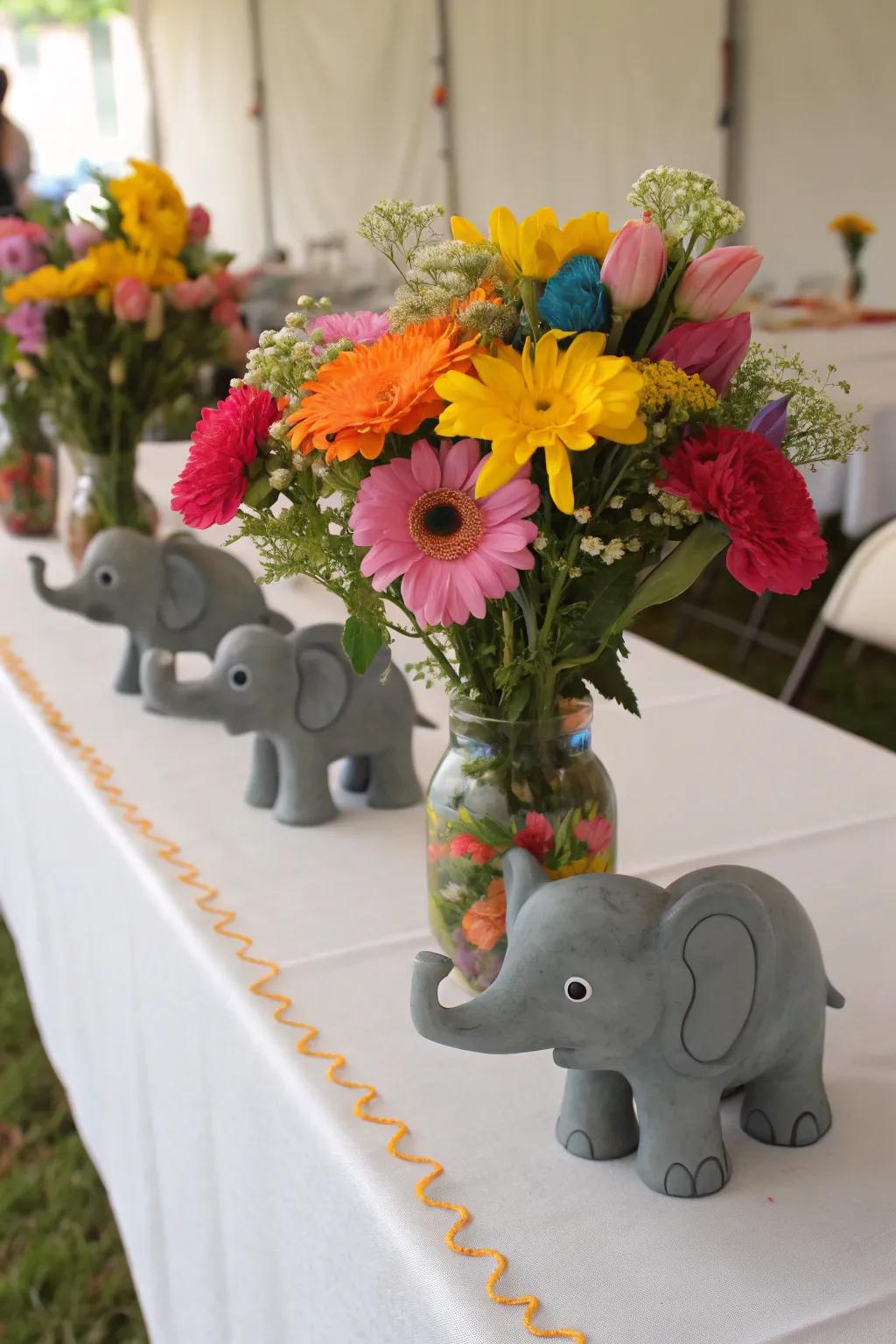 A floral procession of elephants, creating a festive ambiance.