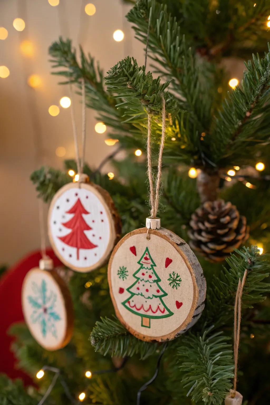 Manually decorated timber segment embellishments adding countryside elegance to the festive ornamentation.