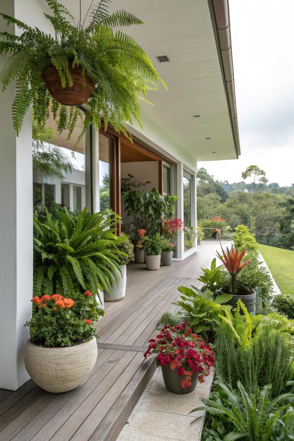 Abundant flora inspires vibrancy within this contemporary porch environment.