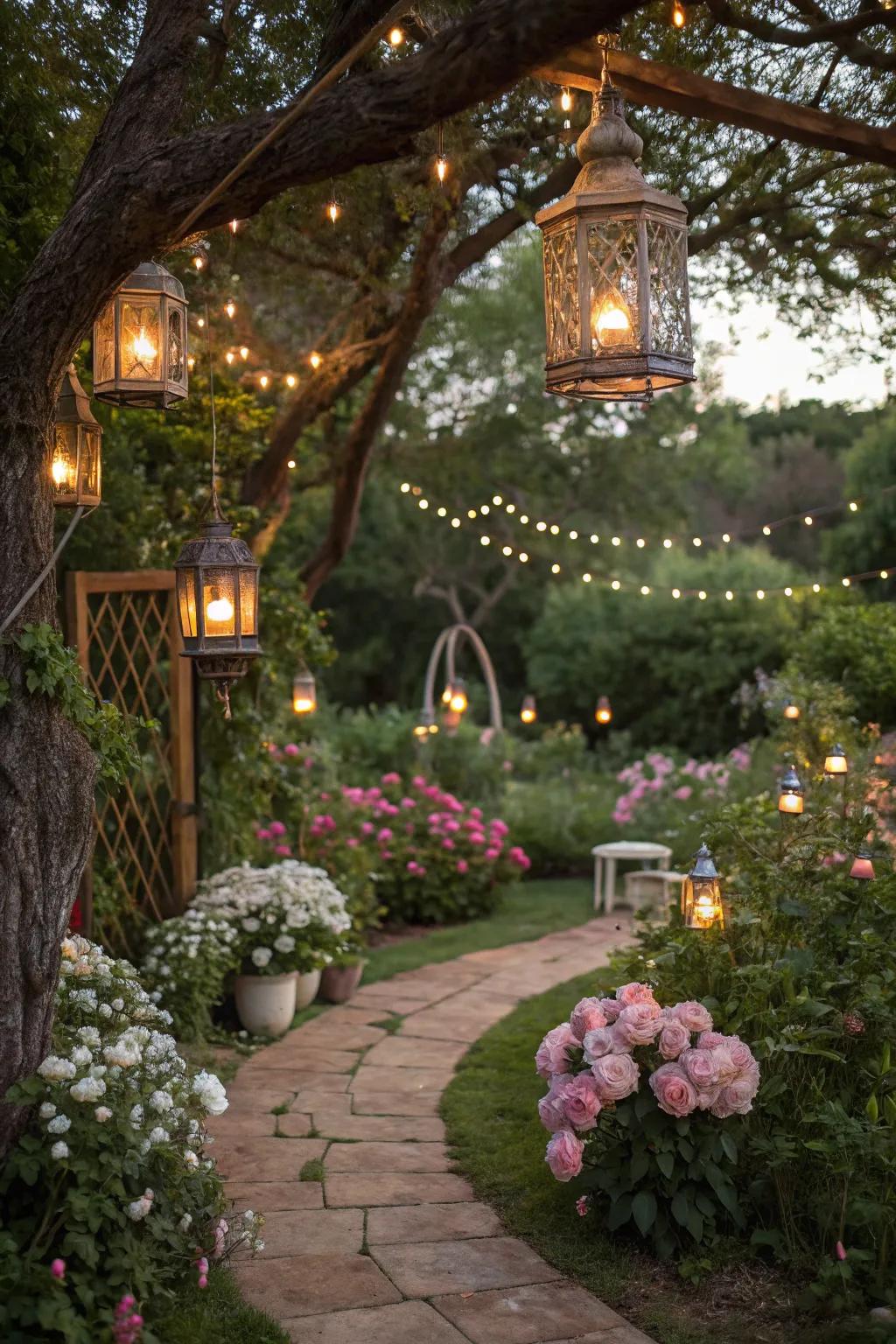 Cultivate an enchanting external oasis utilizing suspended luminaries and ethereal lights.