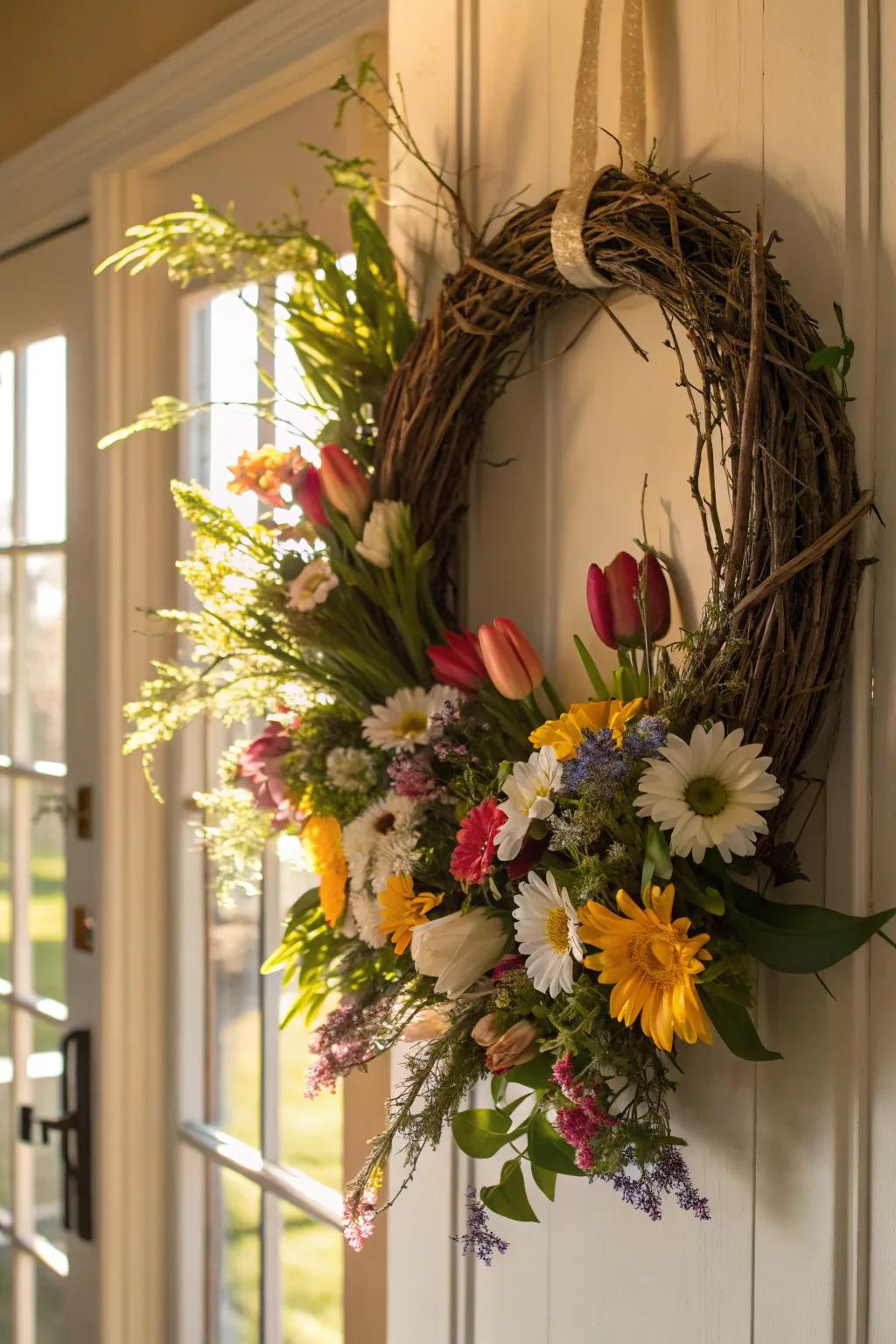 A spring wreath brimming with vitality and vibrant colors.