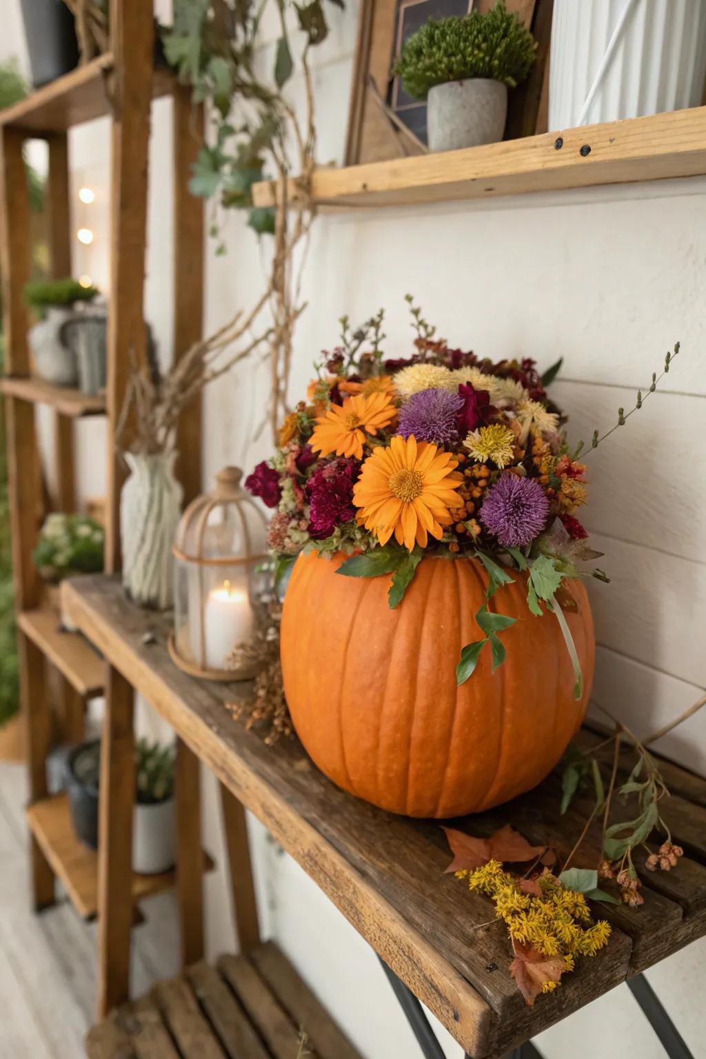A botanically themed pumpkin, channeling the allure of nature indoors.