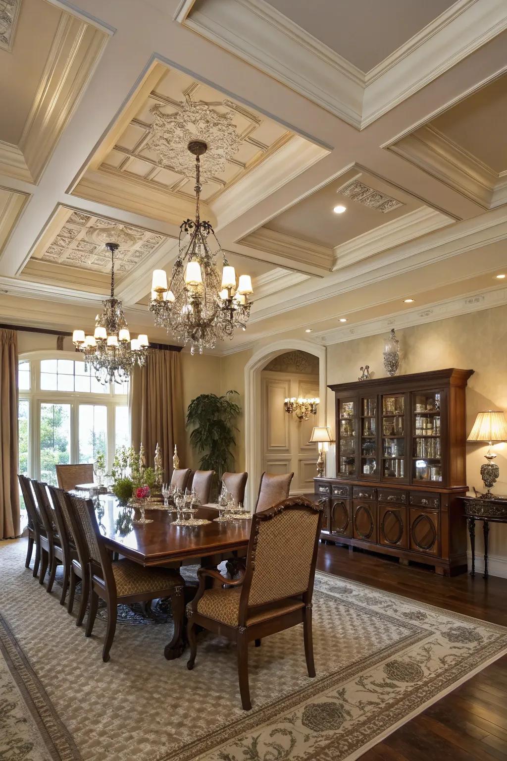An exquisite dining area featuring a quintessential lacunar overhead surface design.