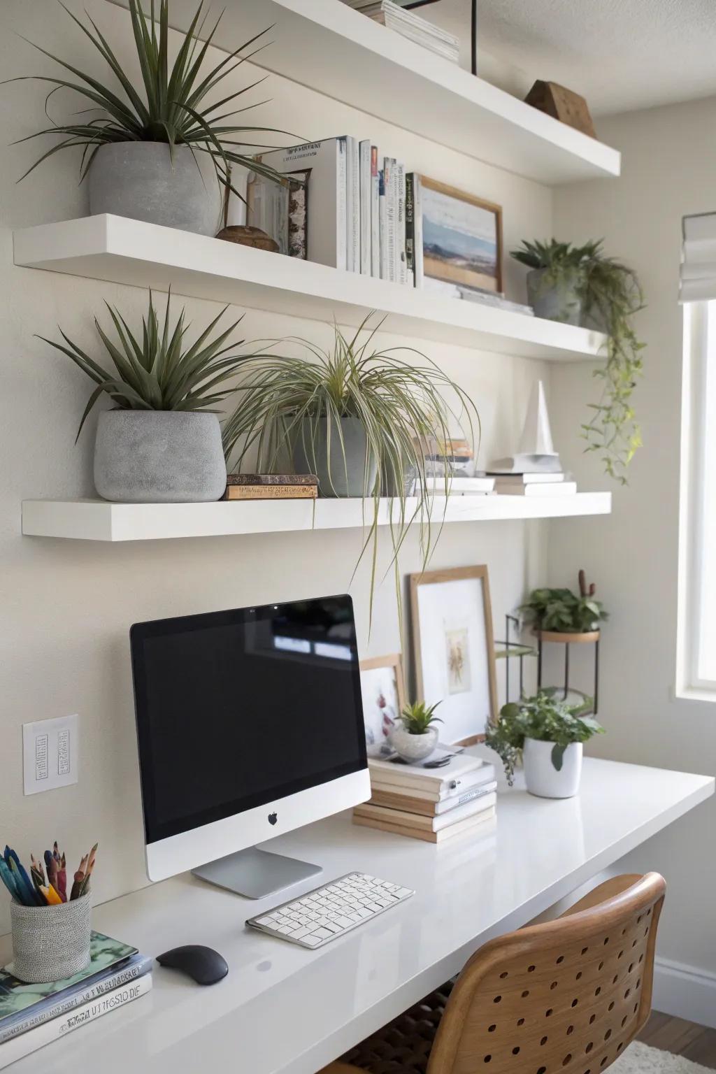 Floating shelves with air plants creating a lush, vertical display.