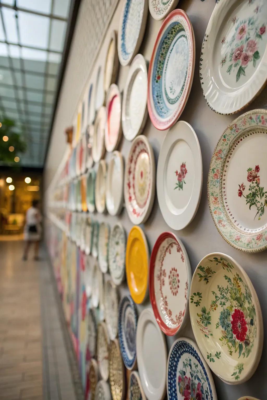 An impressive wall gallery comprising assorted china plates arranged in an artistic motif.