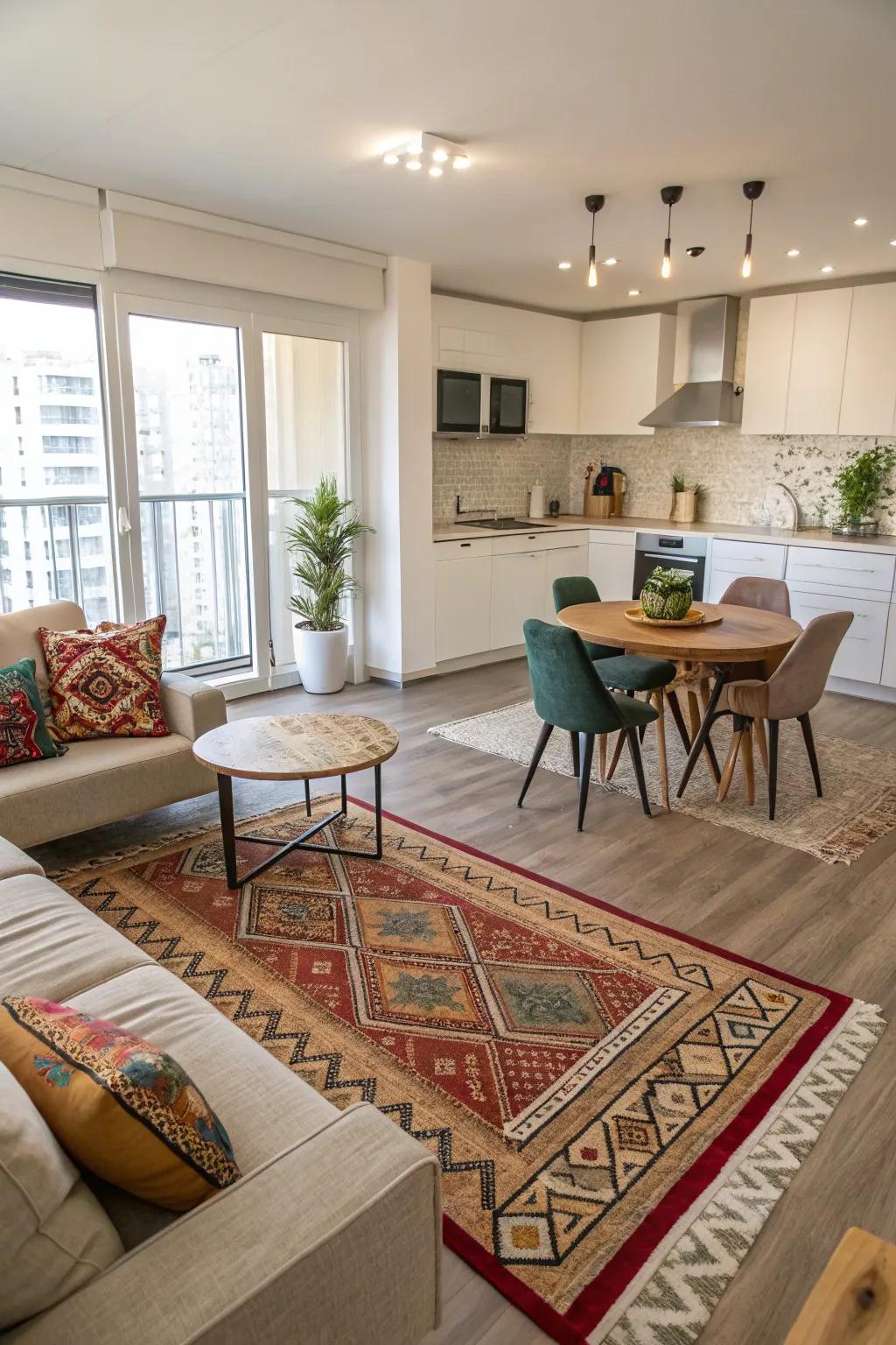 An open-concept area featuring distinct zones for living and working.