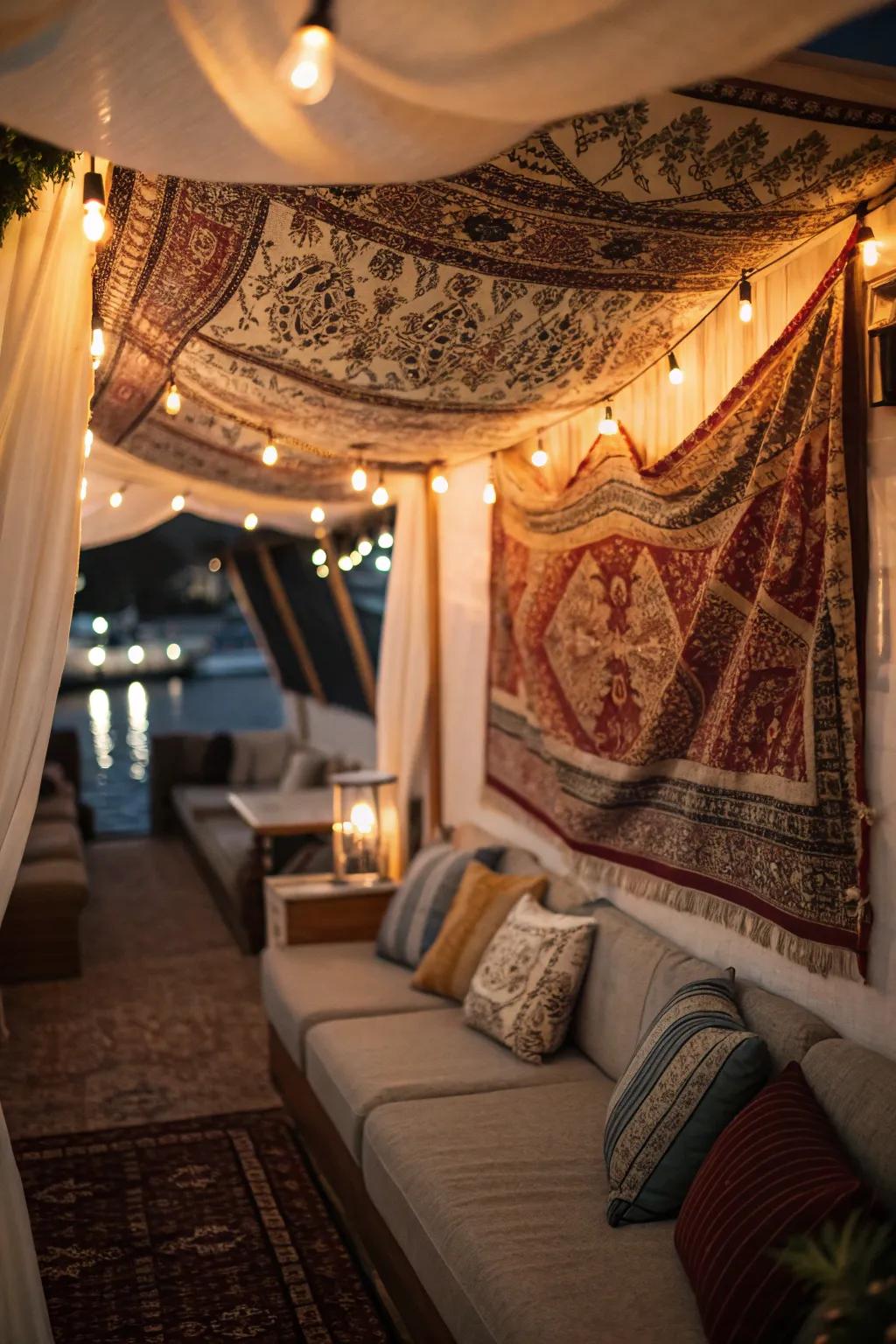 A fabric art piece suspended from the ceiling crafts a comfortable, personal area.
