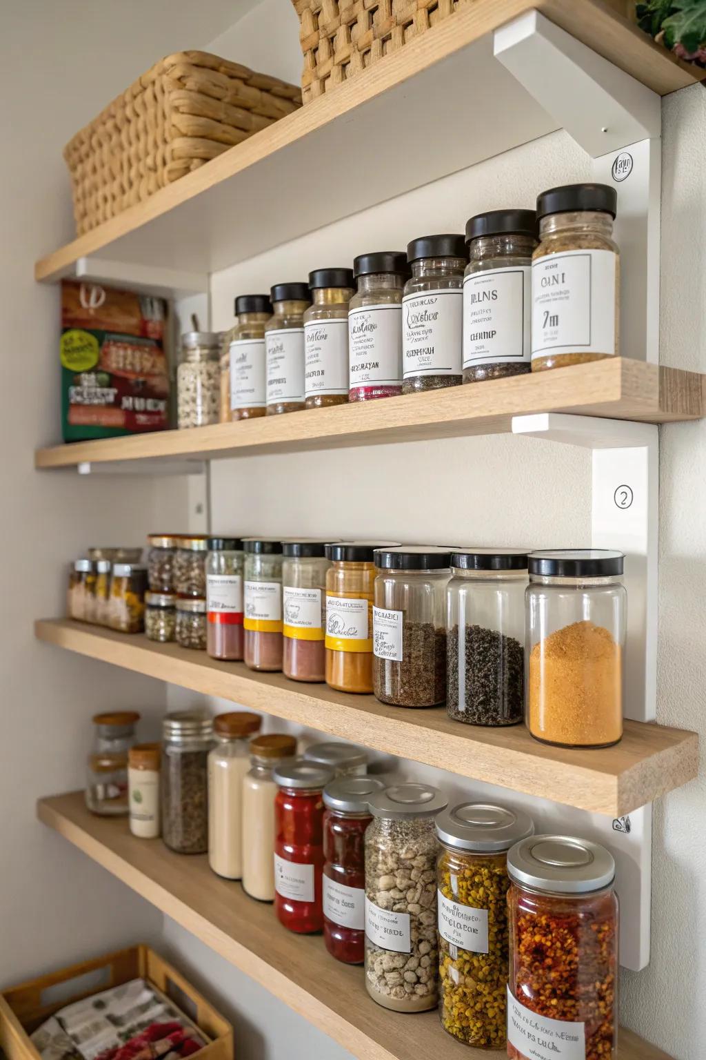 Multi-tiered shelving optimizes space for spices and jars.