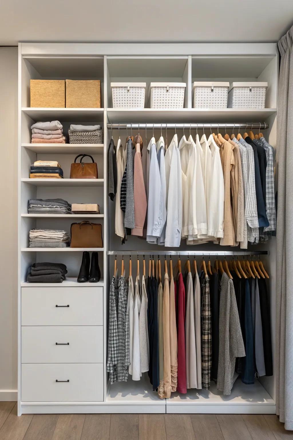 A minimalist wardrobe showcasing impeccably arranged attire.