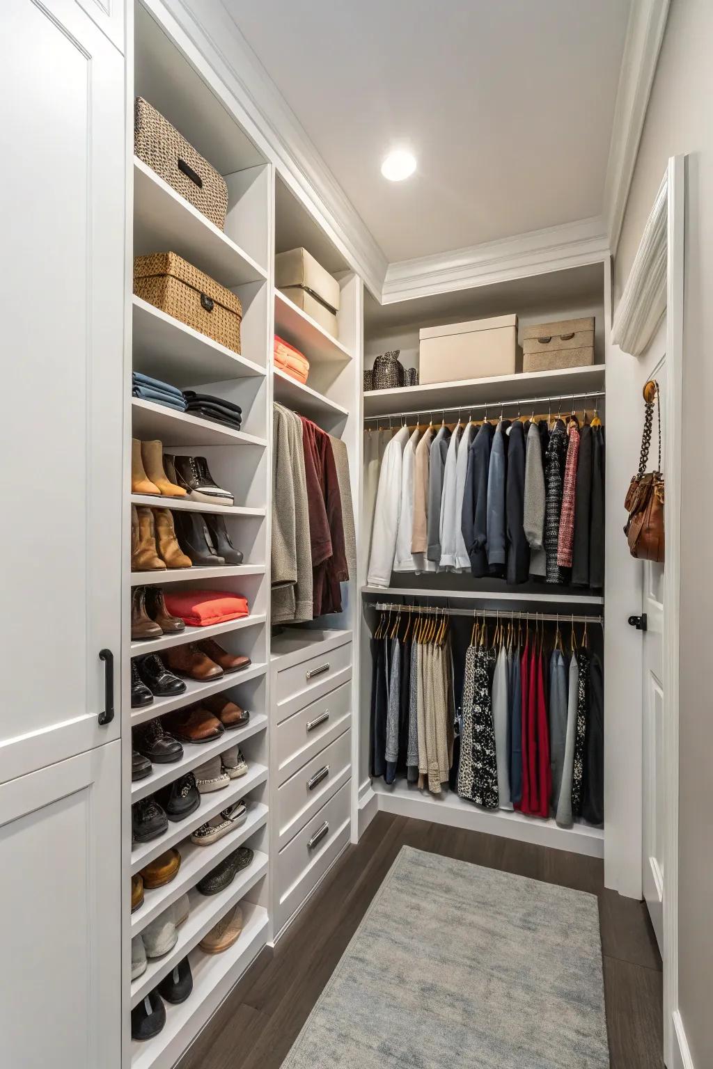 Exploit your closet’s full capacity by maximizing vertical dimensions.