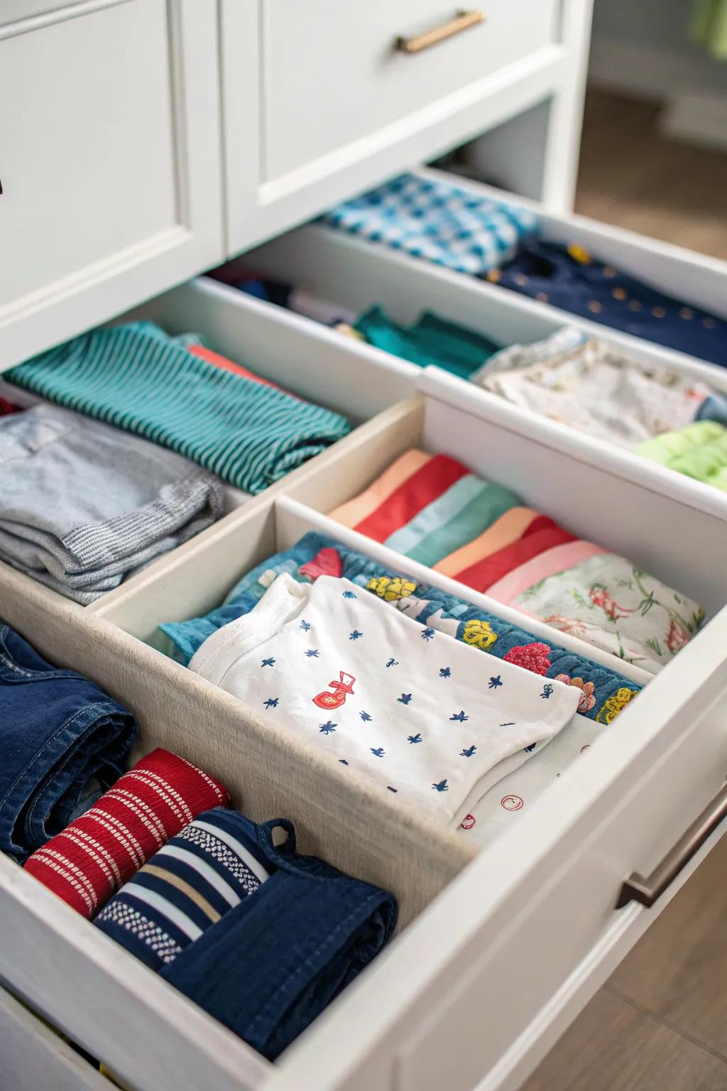Dividers keep clothing organized and accessible.