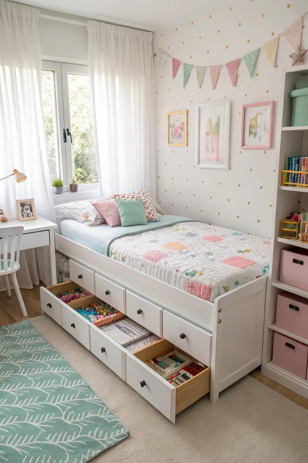 Furniture with several uses optimizes storage in a child's space.