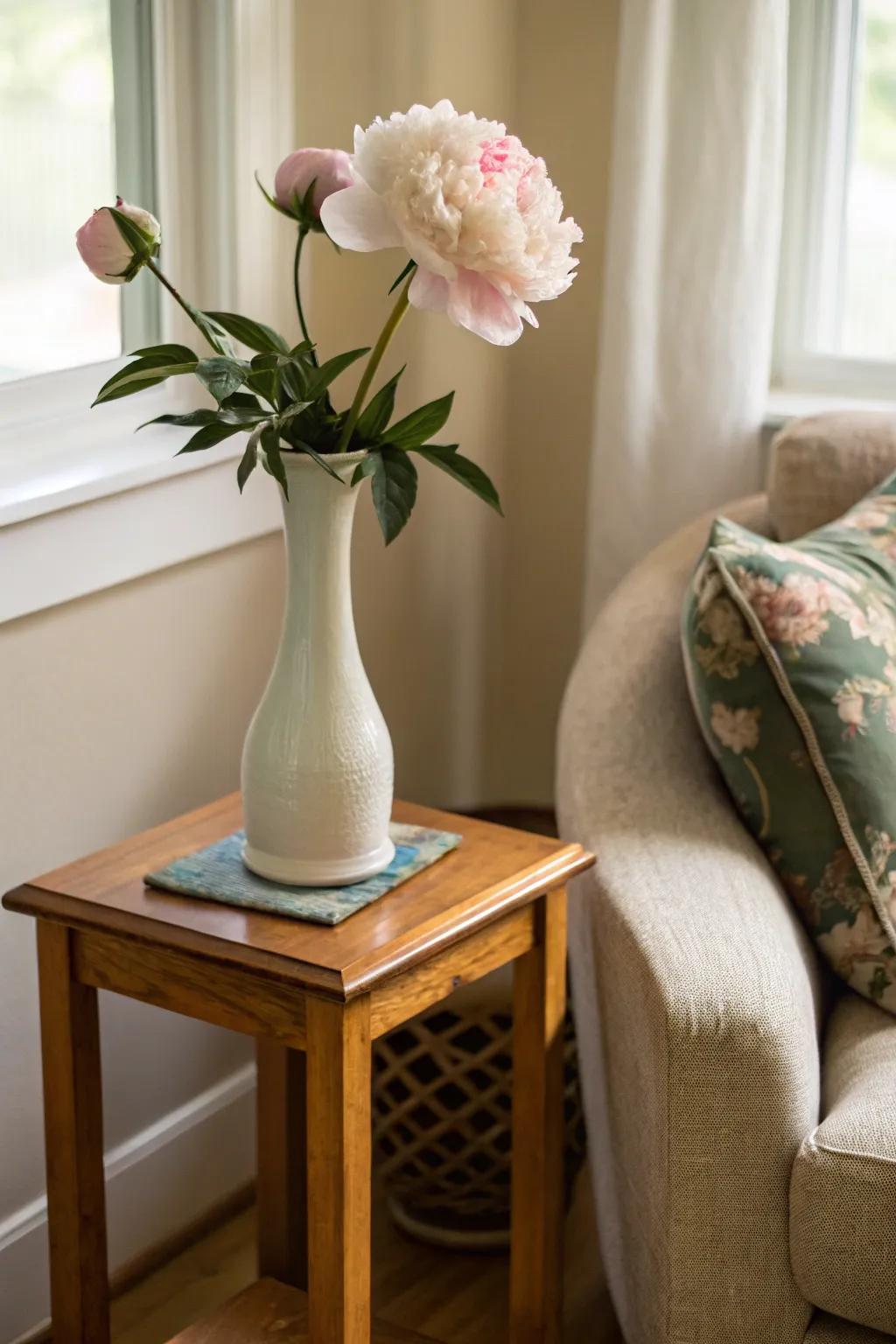 A minimalist floral arrangement featuring a single peony in a narrow vase.