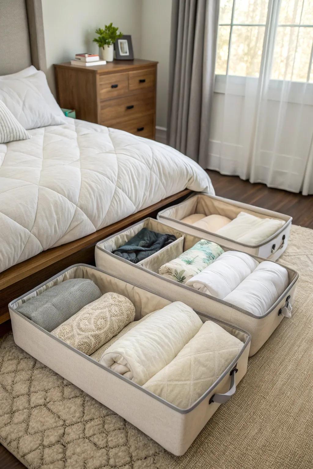 Comforters housed in beneath-bed storage containers within a bedroom setting.