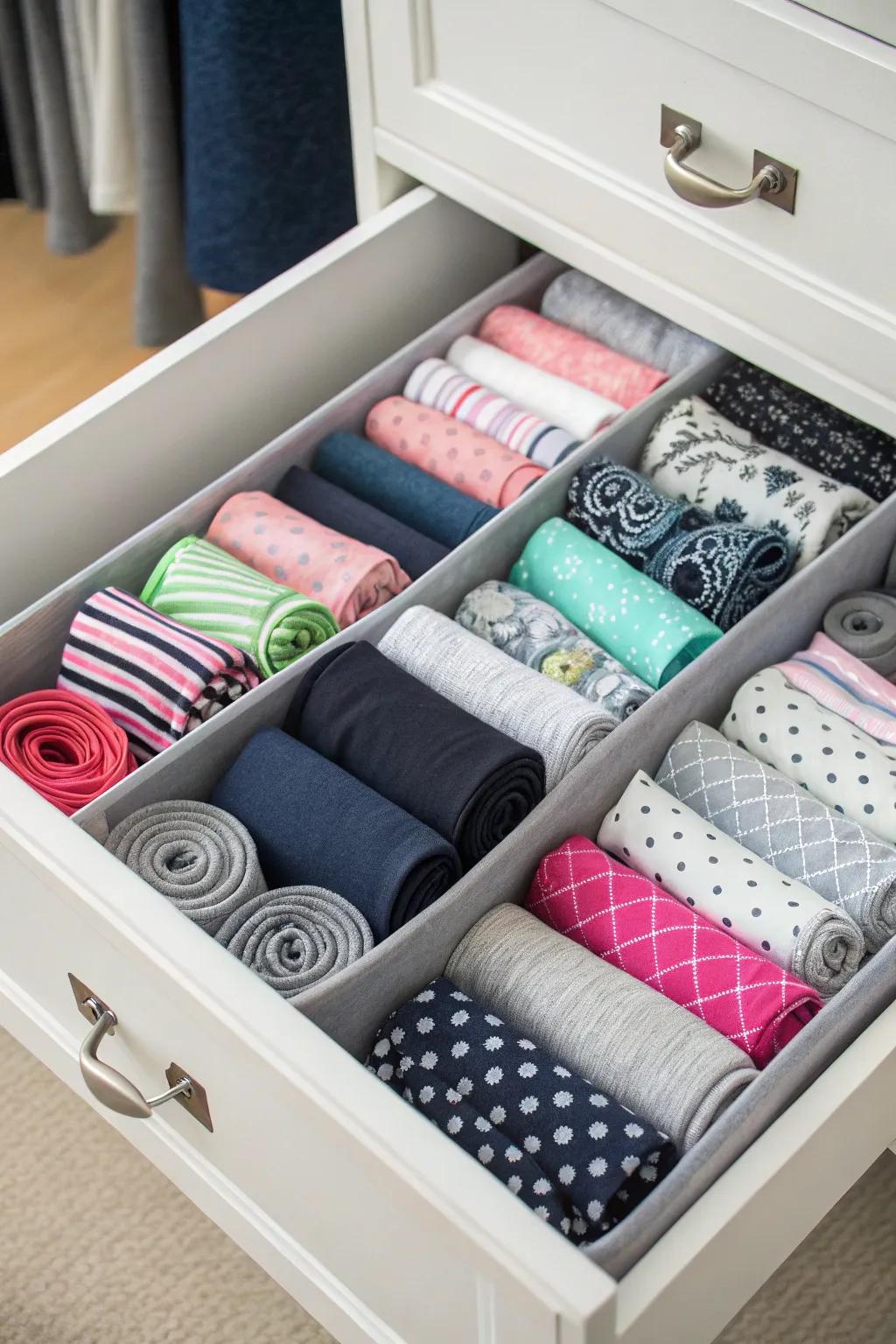 Efficiently roll your leggings and place them in drawers to maximize space and simplify selection.