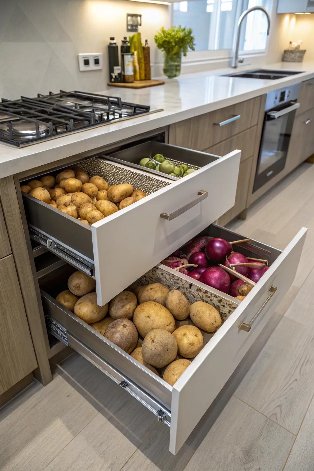 Extendable drawers provide a space-efficient method for storing essential kitchen provisions.