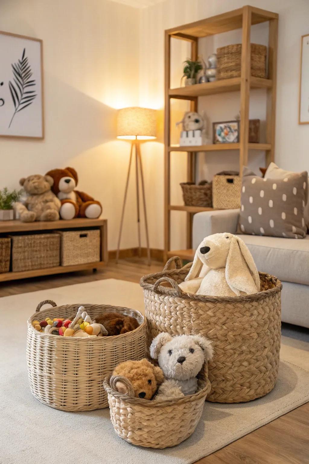Baskets present a stylish and practical storage solution.