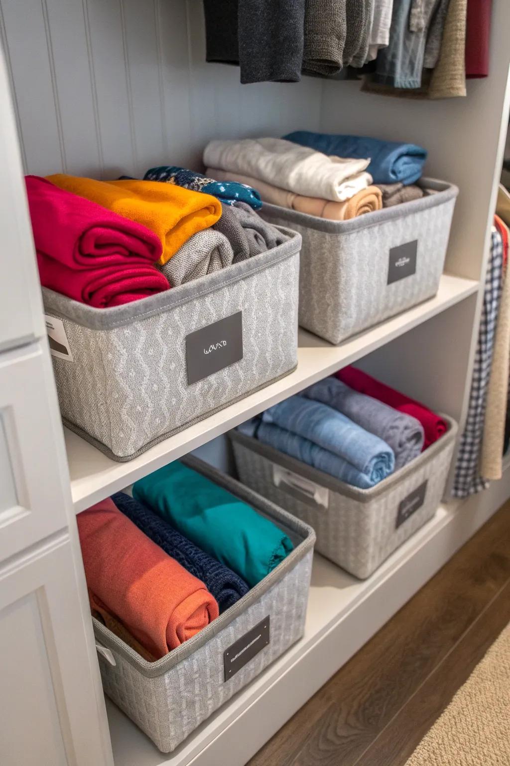 Use labeled bins to keep your sweatshirts neatly categorized.