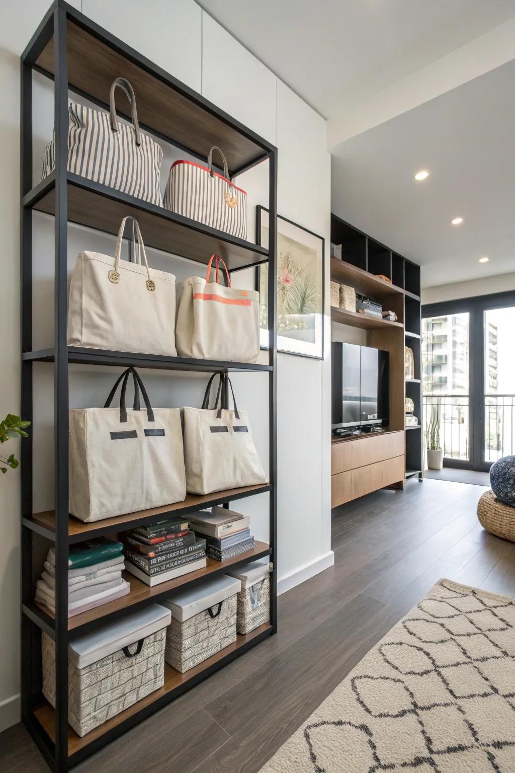 Shelves offer an efficient and elegant way to store carryalls.
