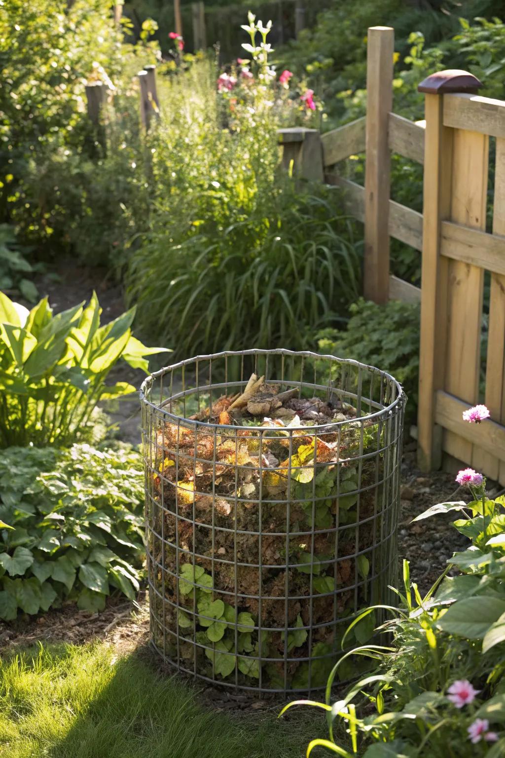 A wire mesh compost container ideally set for optimum aeration and efficient breakdown.