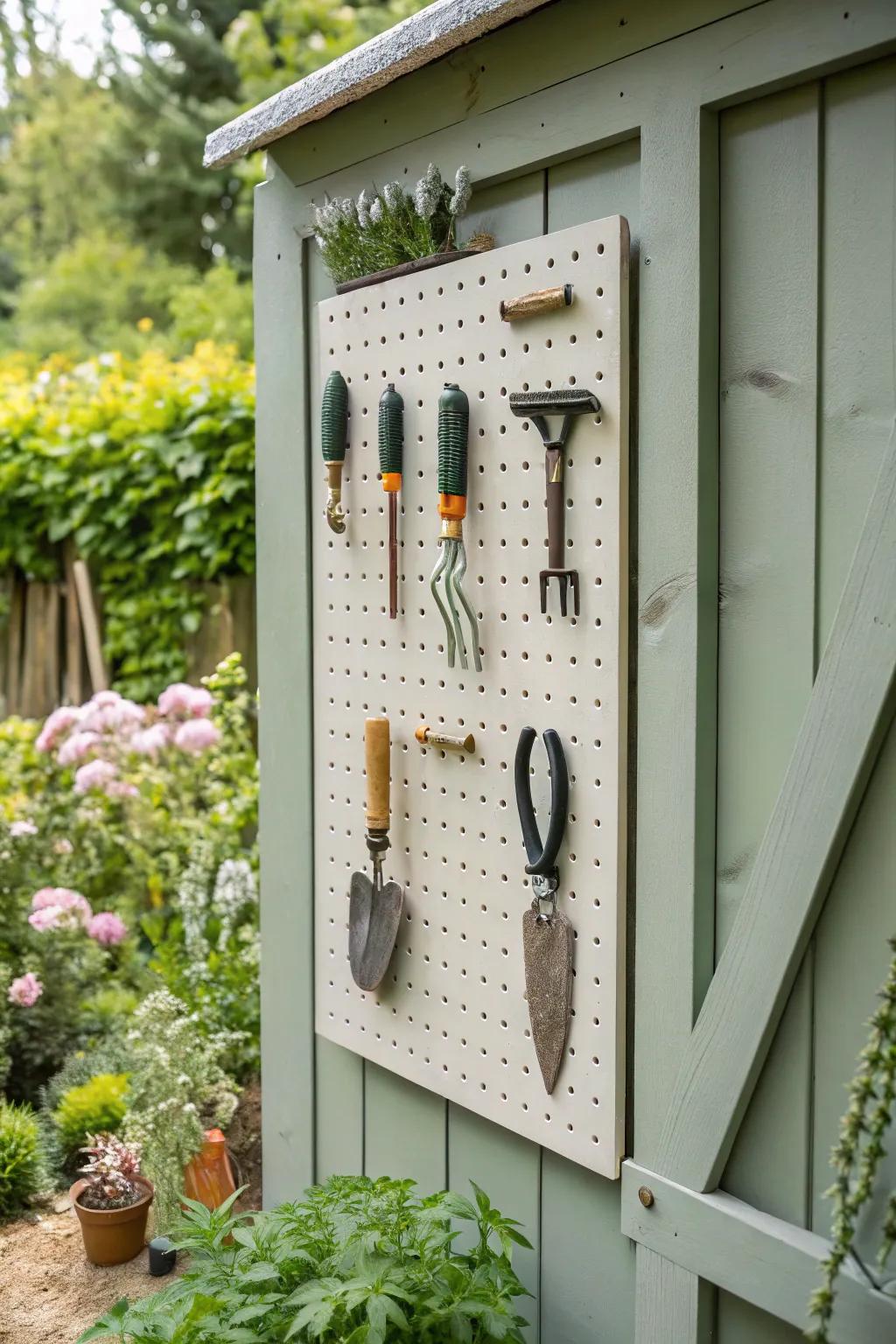 A pegboard permits adjustable and easy to get to equipment storage.