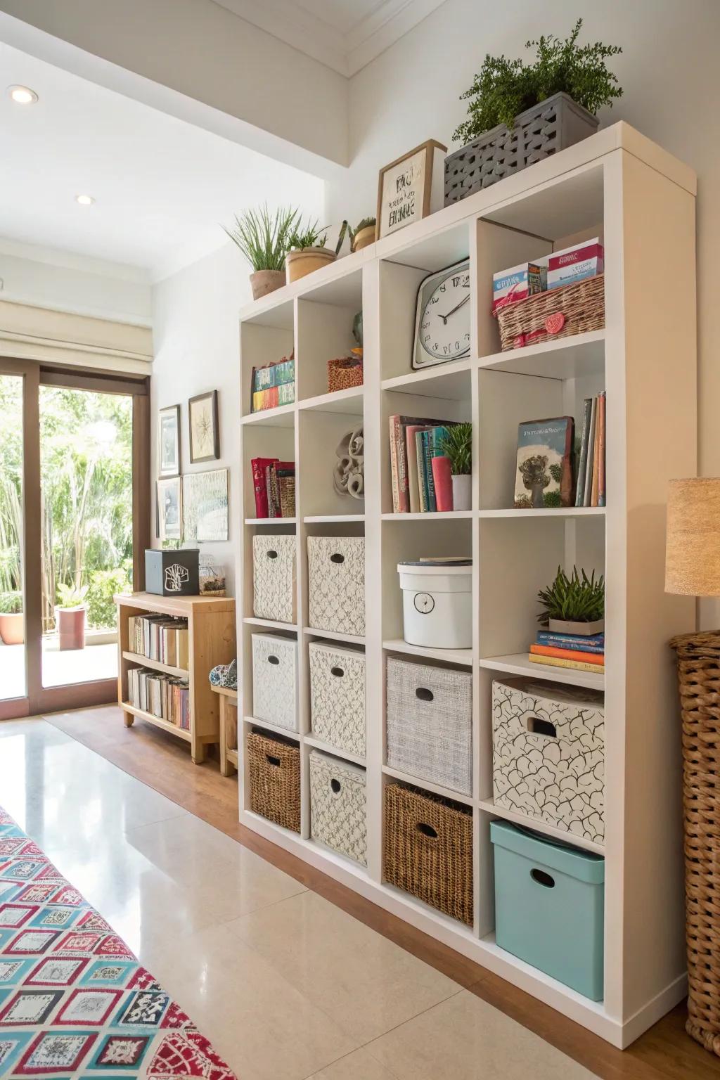 Multi-use shelves provide a harmonious blend of aesthetic charm and efficient storage capabilities.