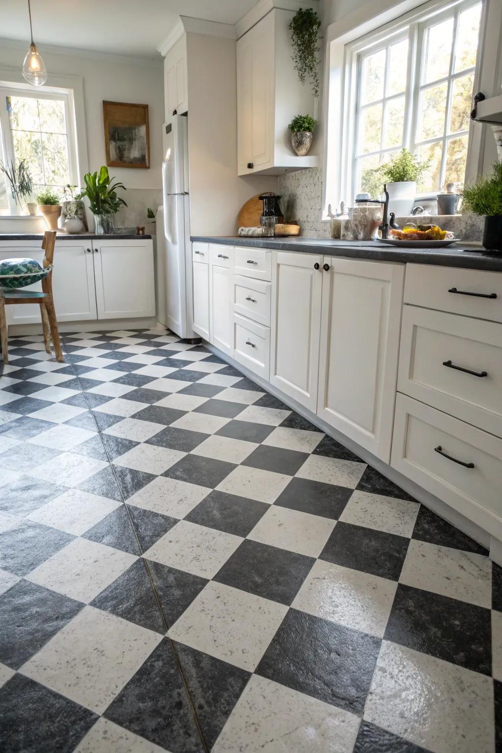 A classic checkerboard pattern lends a vintage flair to this contemporary kitchen.