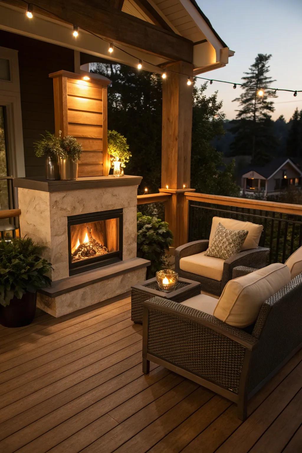An electric fireplace establishes a warm setting on this indoor deck.