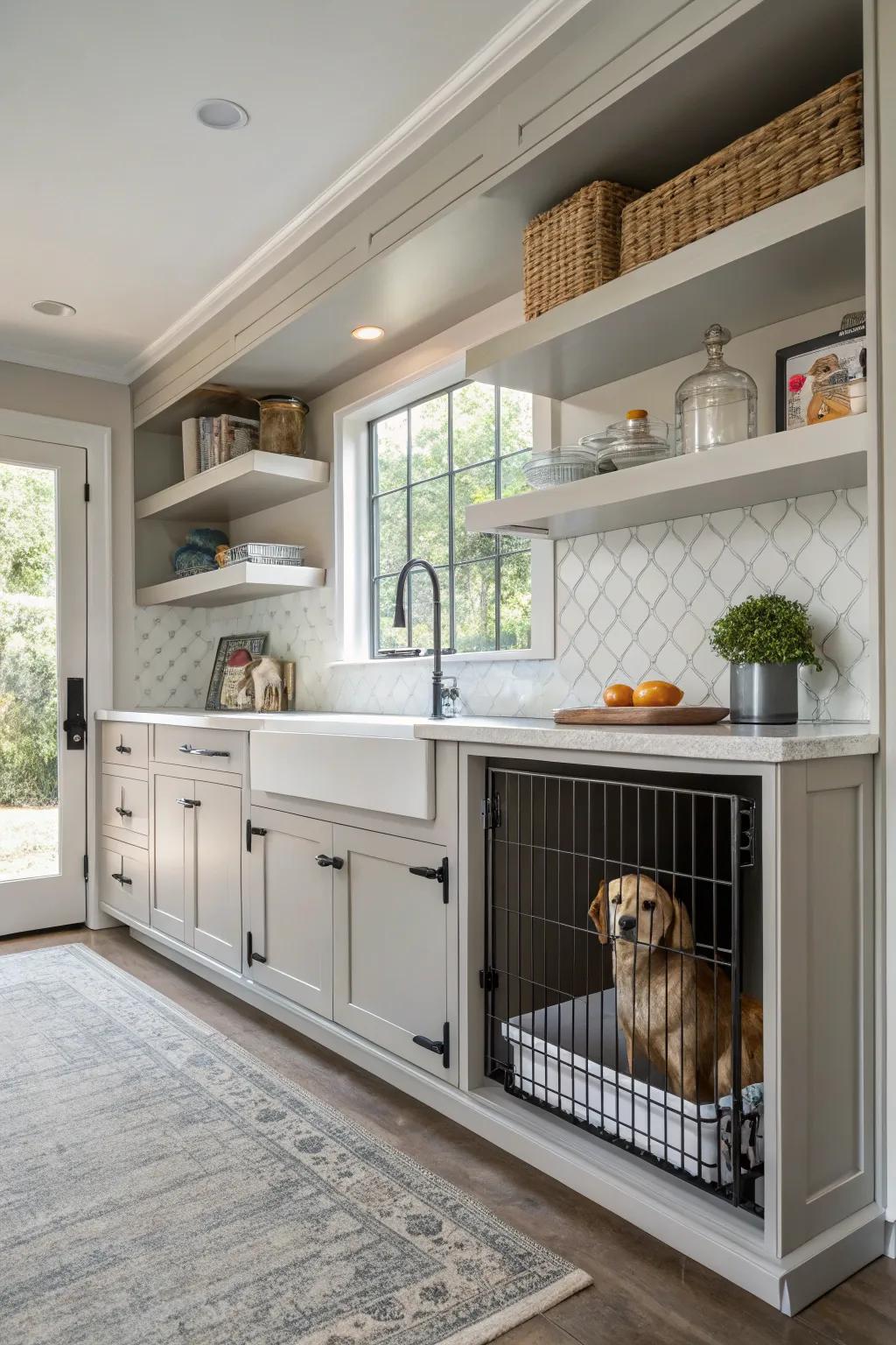 A discreet retreat: your dog's kennel cleverly concealed within the kitchen's cabinetry.