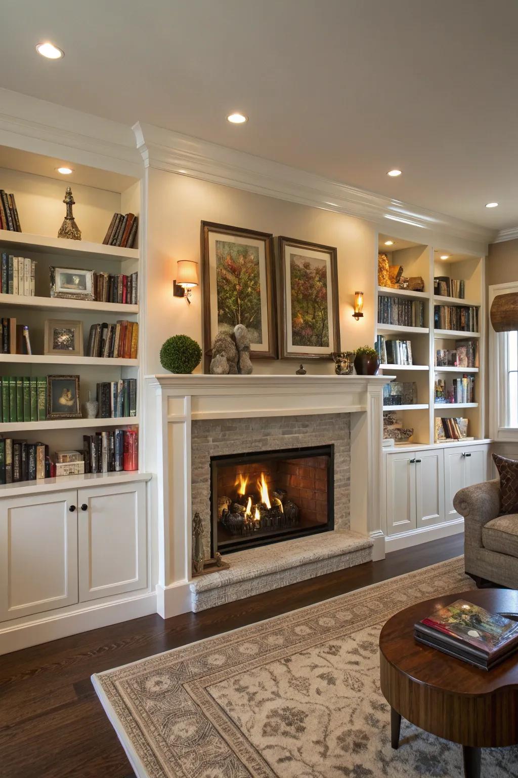A living space featuring a fireplace bordered by integrated shelving filled with an assortment of books and decorative items.