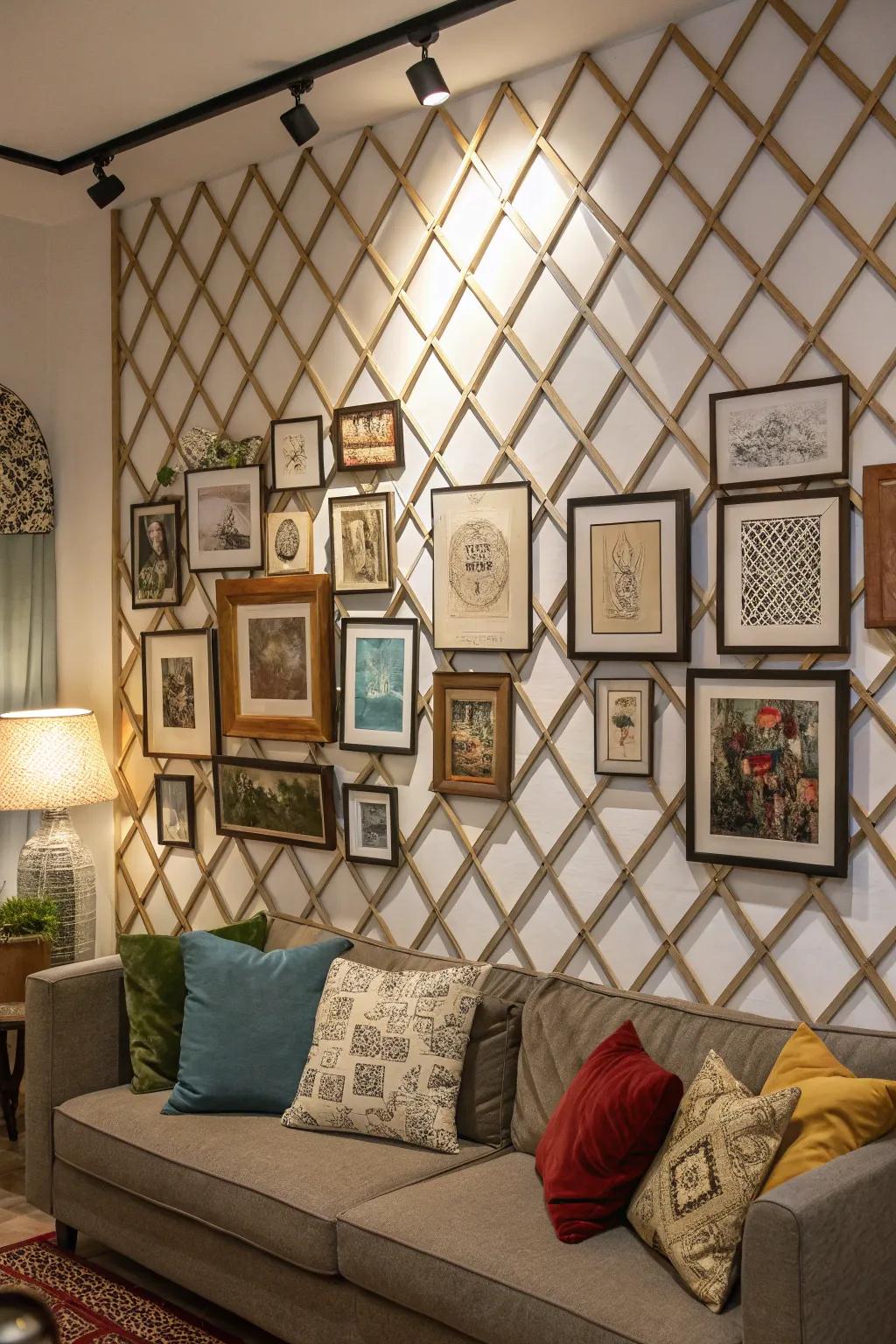 Lattice partition acting as a textured canvas for a curated gallery of artwork.