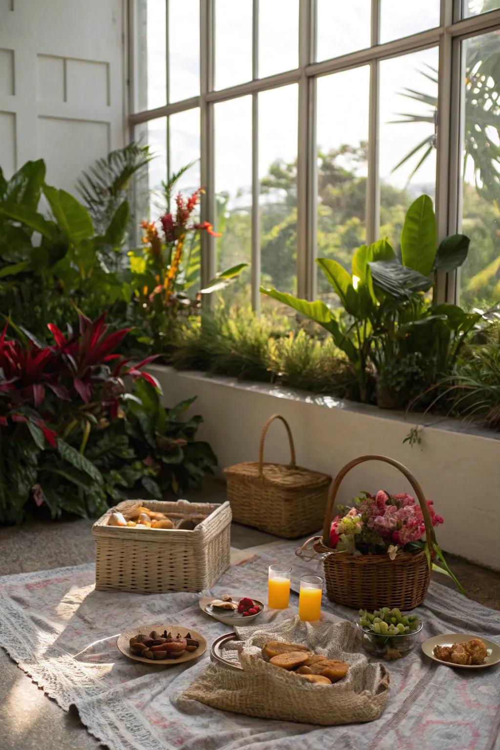 A picturesque glazed window view using houseplants improves the picnic adventure.