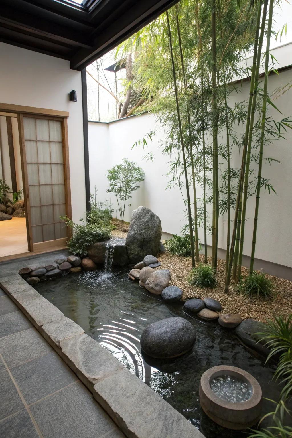 A Zen garden pond infuses serenity indoors.