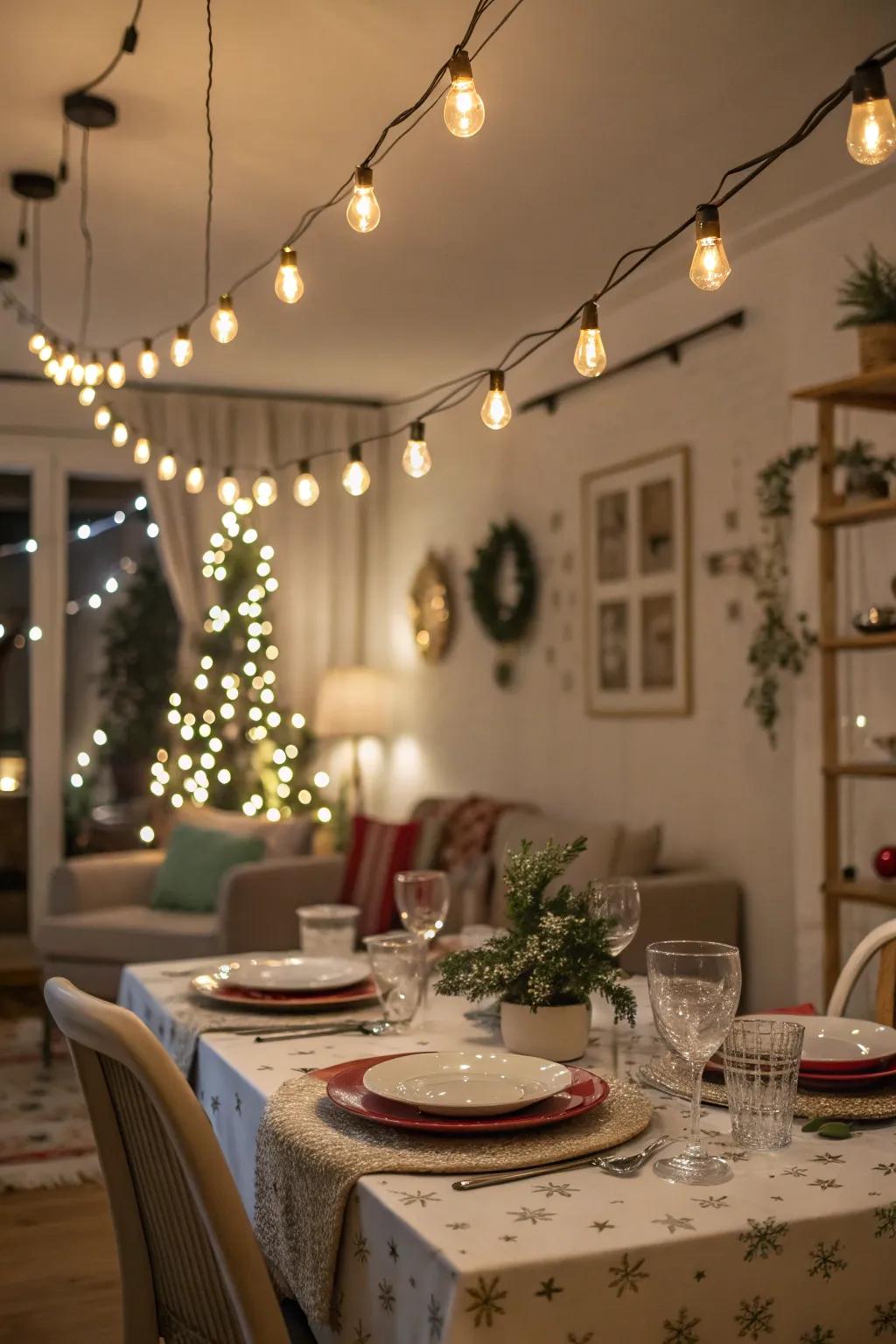 Elevate your dining experience with festive fairy lights suspended above the table.
