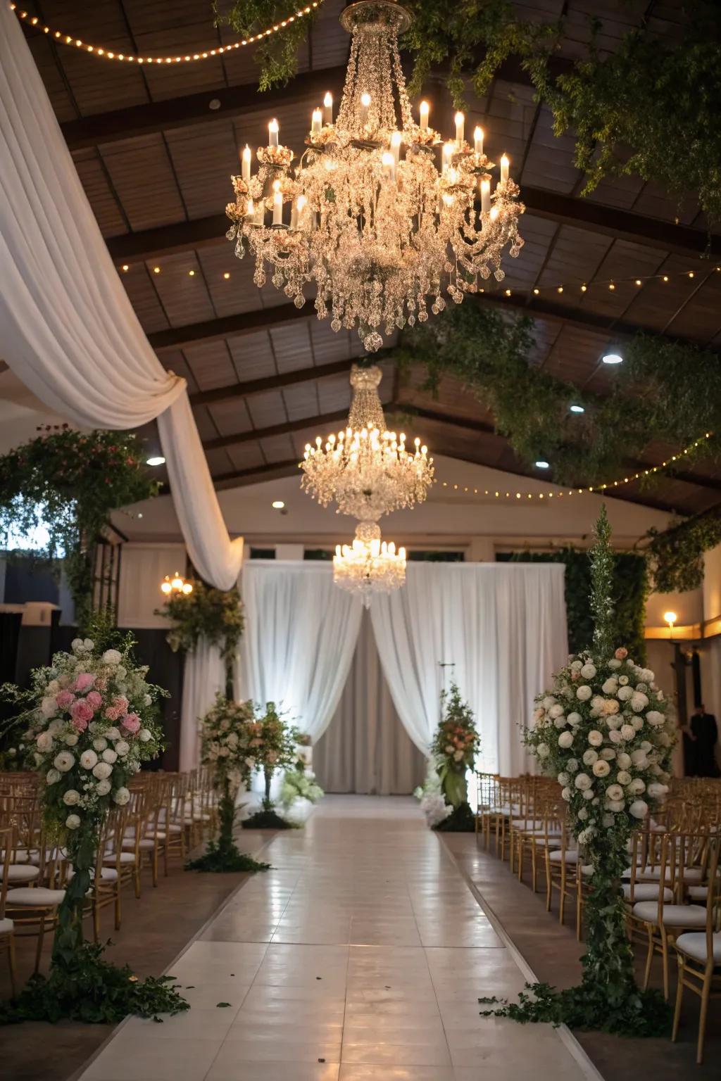Pendant luminaries introducing an elegant touch to the wedding decorations.
