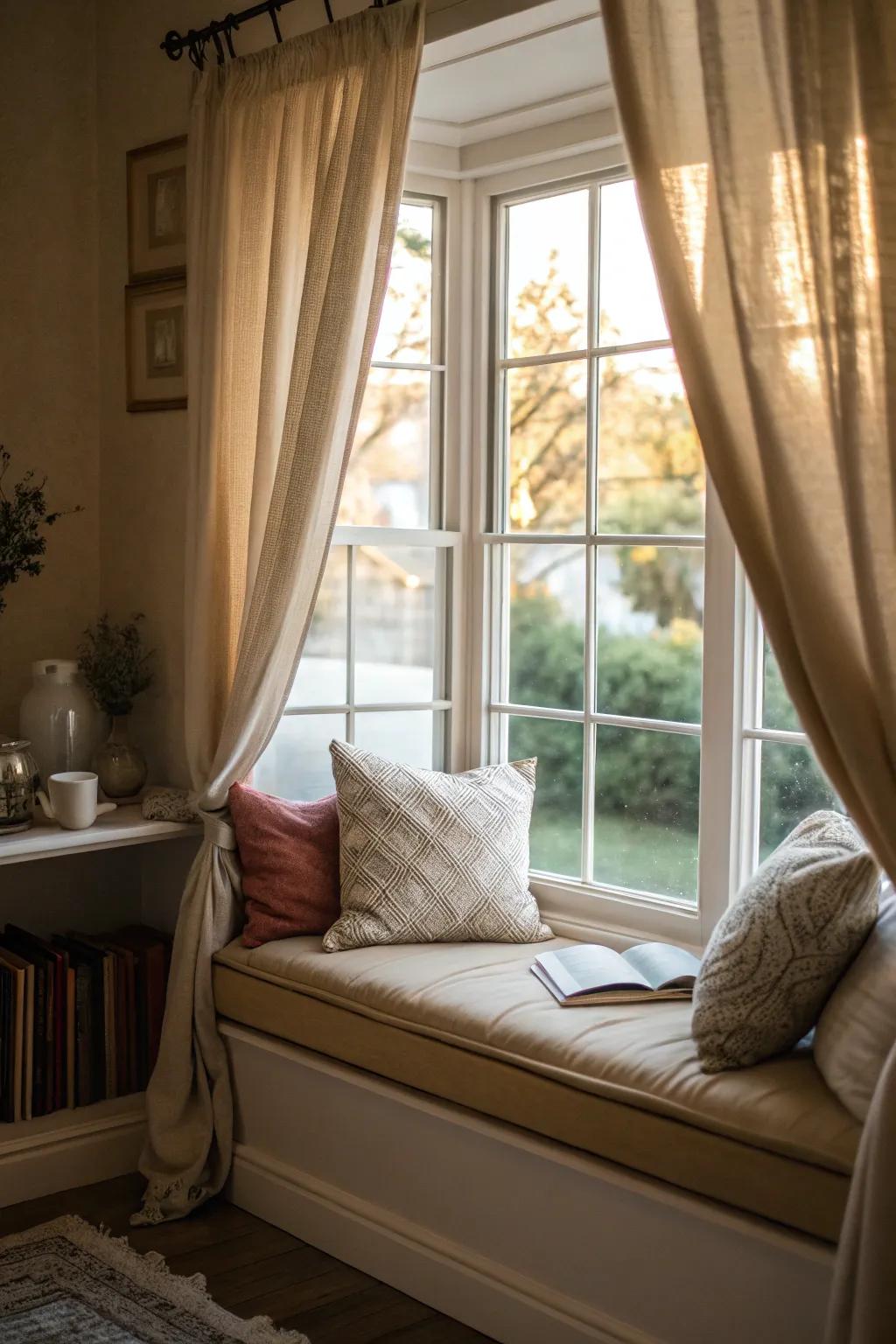 Inset curtains frame a snug window seat with perfection.