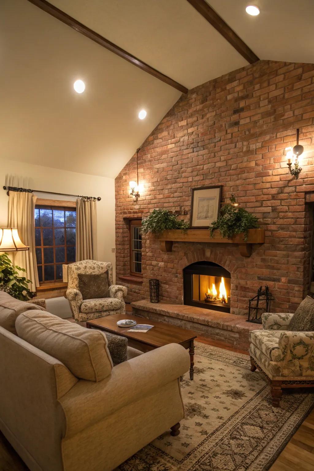 A cozy hearth with a brick foundation, perfect for inviting and warm family moments.