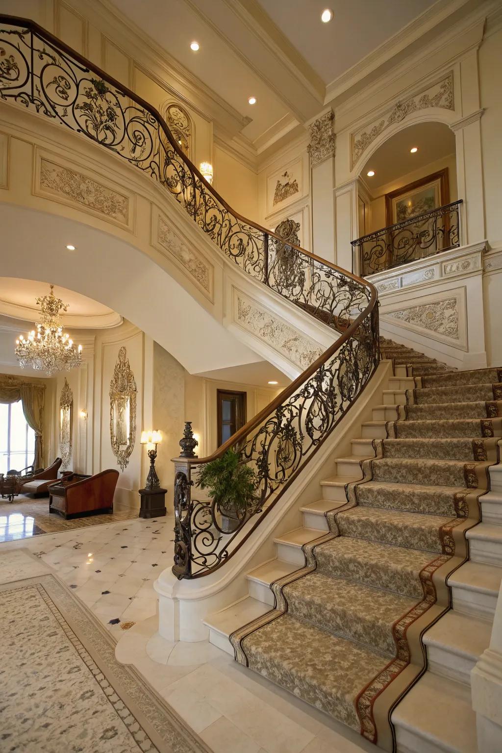A magnificent staircase accentuated by elaborate ornamental trim and moldings.