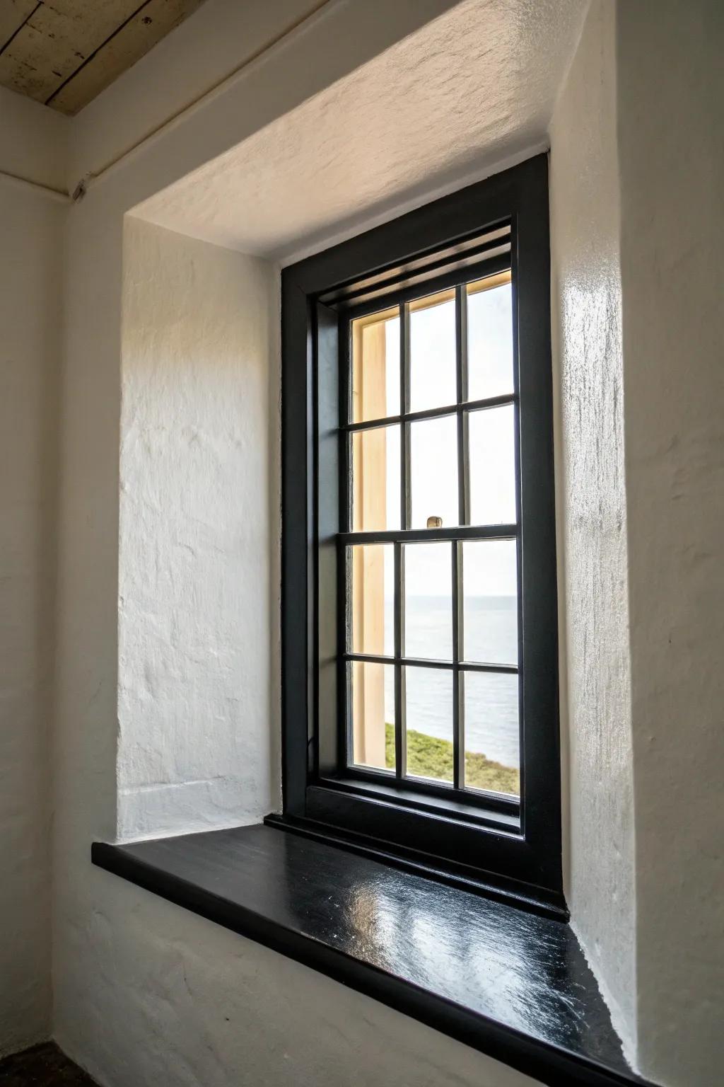 A window accentuated by a pronounced ebony border, thereby manifesting a compelling contrast within the room's confines.