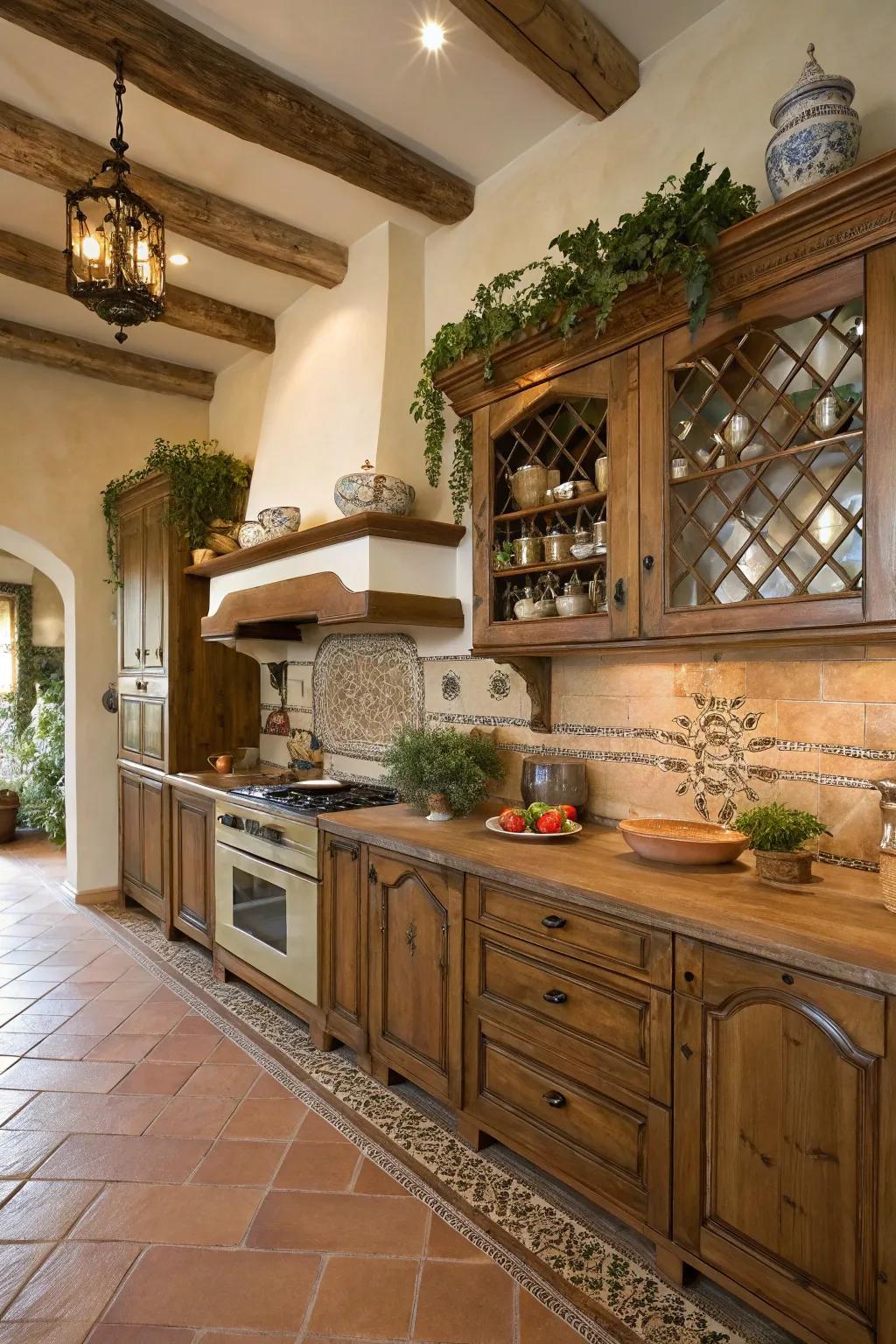 Customized wood furnishings includes artisanal style to this cooking area.