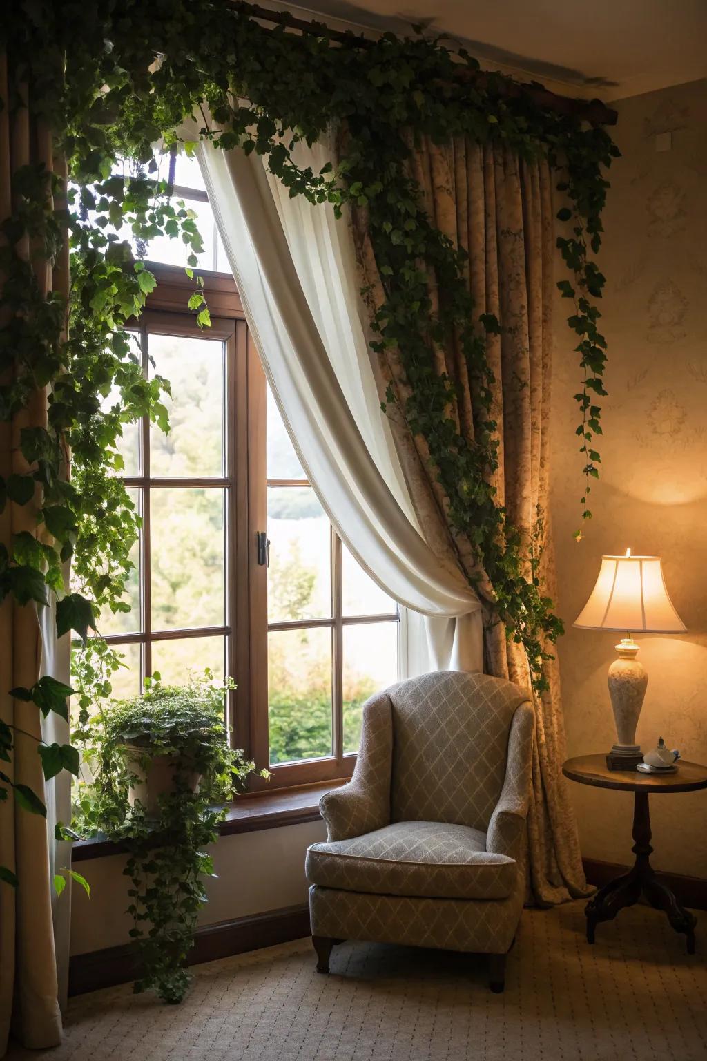 Elegant verdant drapery enframing a window, imbuing a natural and gentle aesthetic.