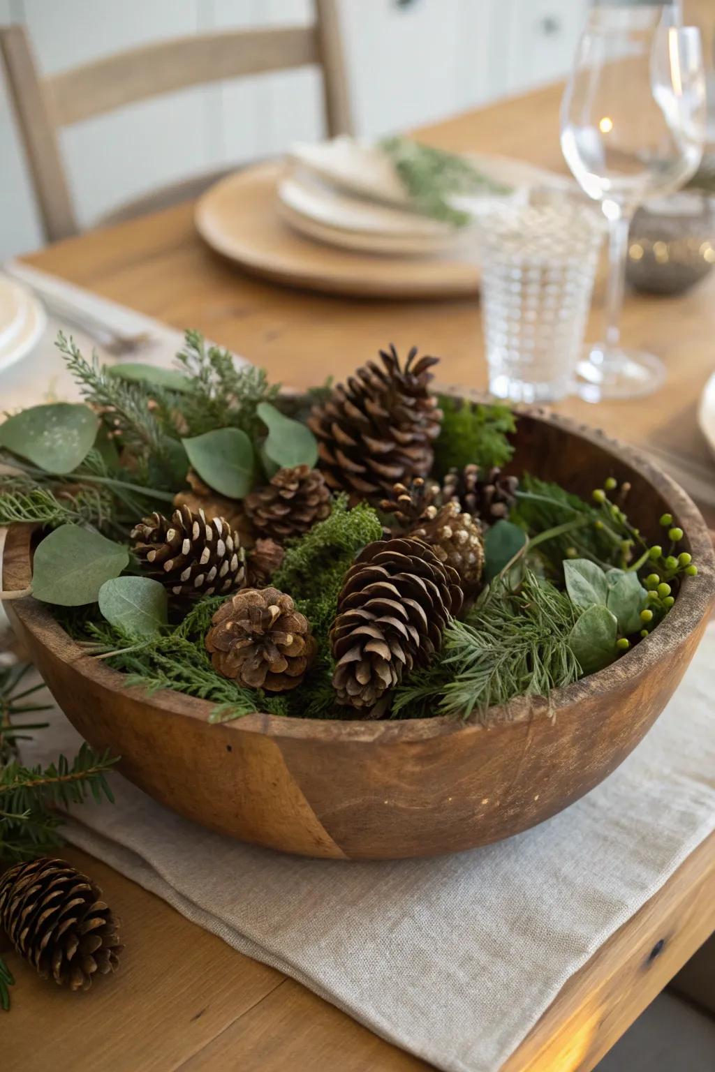 Incorporate nature by using cones from pine trees and greenery.