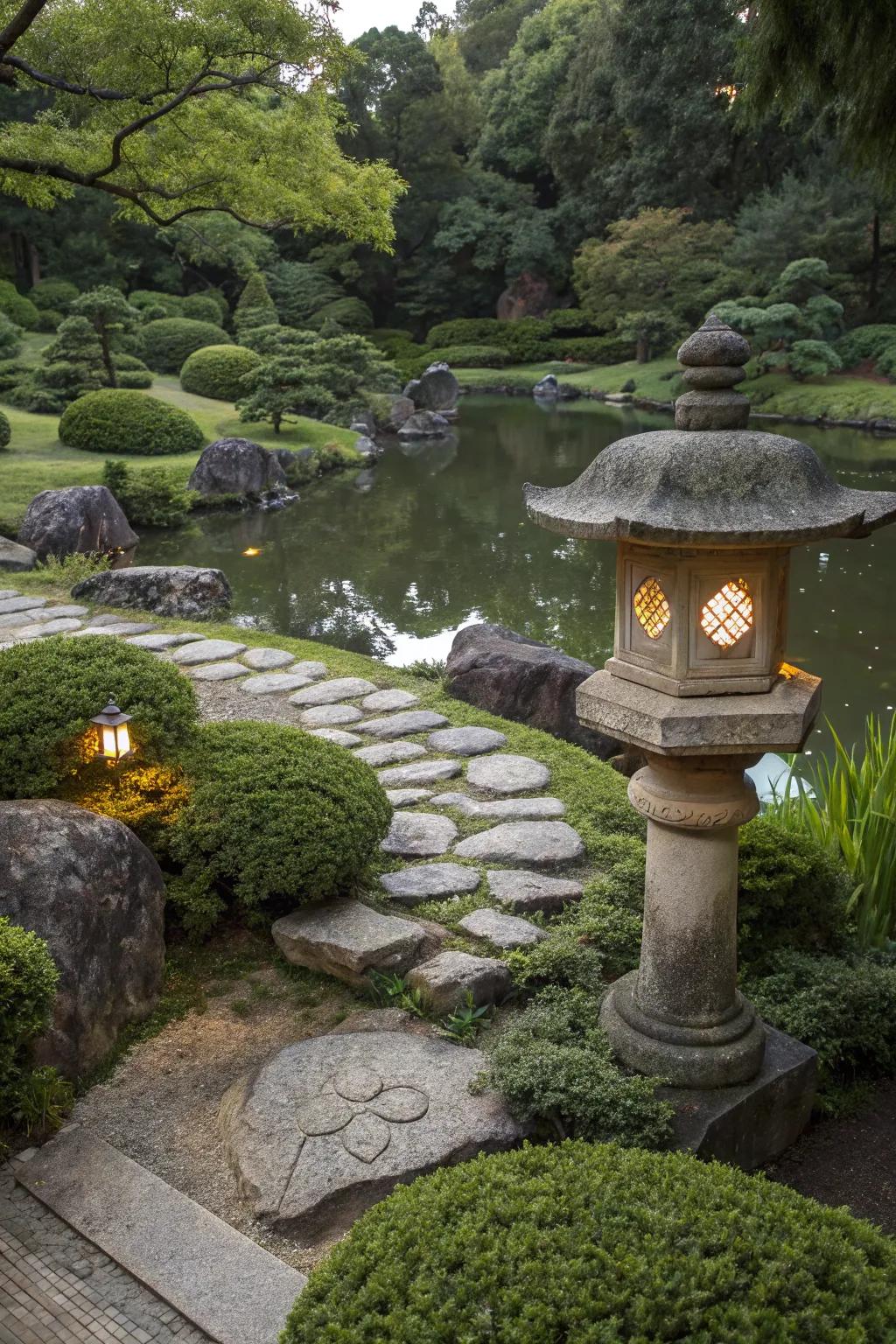 A classic stone illumination enriching the garden's allure.