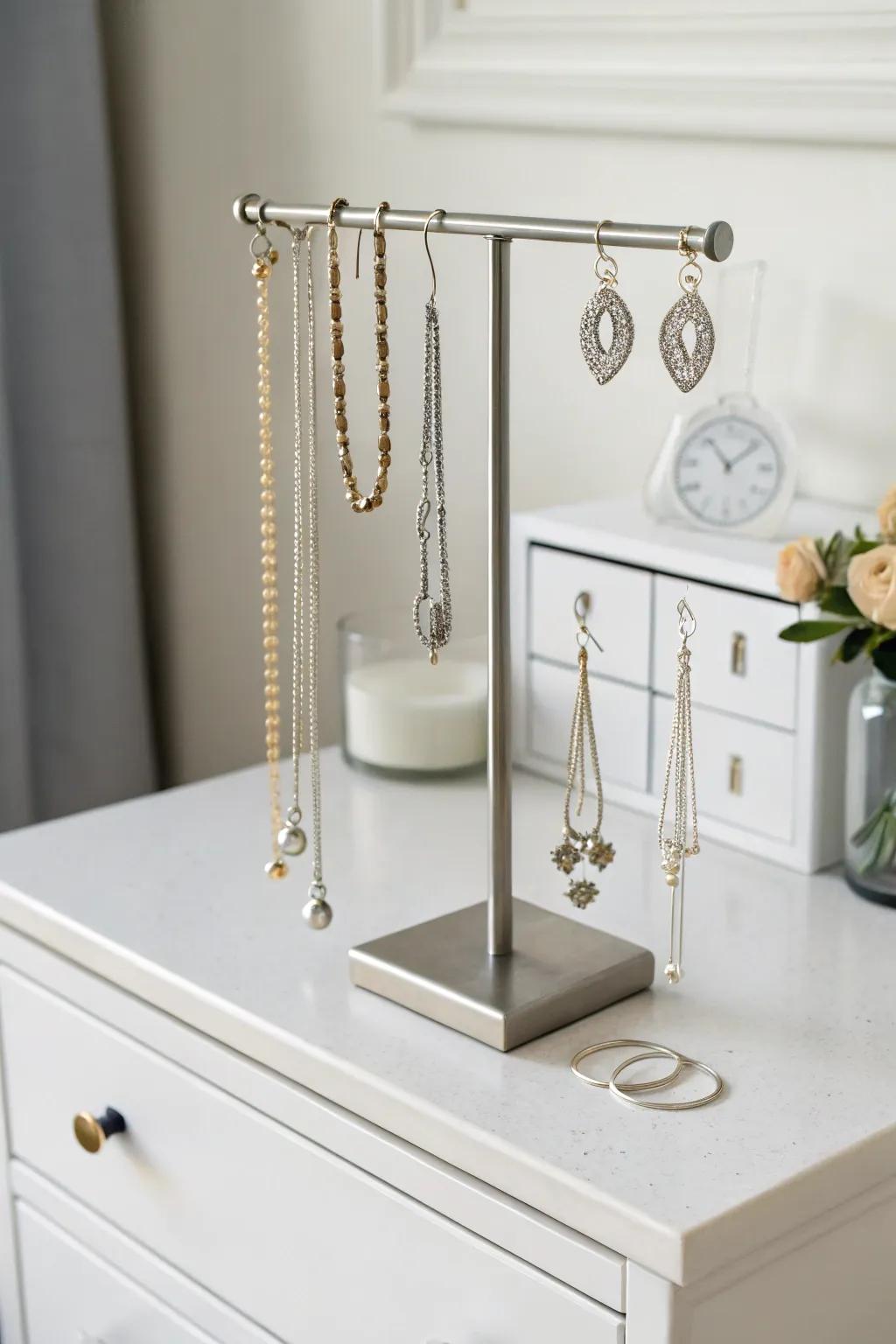 A minimalist metallic pedestal for jewelry